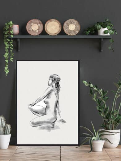 Kvinde på hug plakat: Black and white sketch art print of a woman squatting, minimalist style. Croquis kunst plakater.