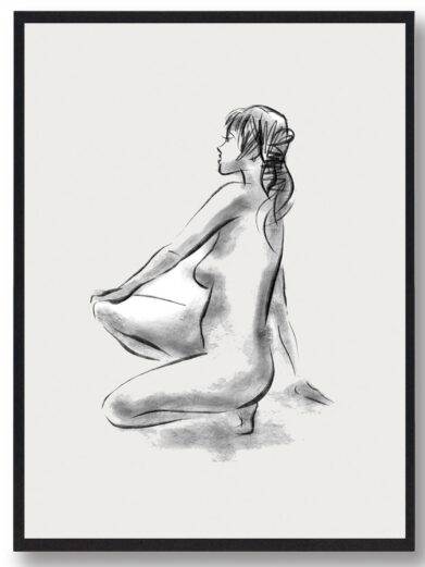 Kvinde på hug plakat: Black and white sketch of a woman squatting, facing left. Croquis art print for home decor.