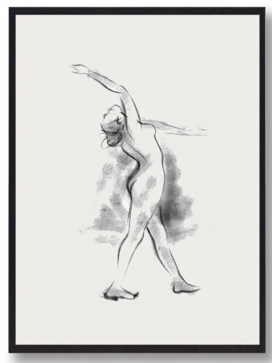 Tænkende Kvinde plakat: Charcoal sketch of a nude woman stretching, framed in black. Croquis art for home decor.