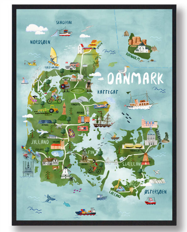 Børneplakat i form af et Danmarkskort i grønlige og blålige farver