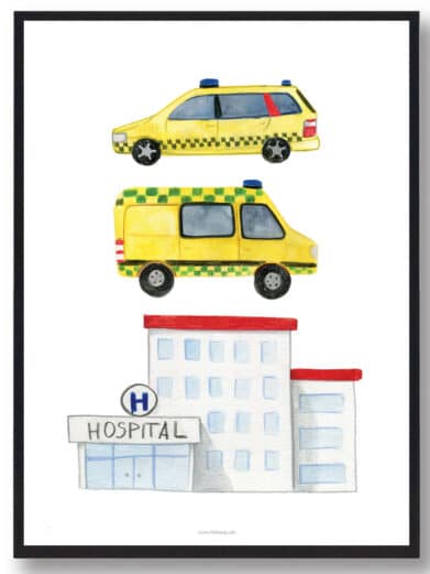 Hand-drawn "Hospital" poster featuring a colorful hospital building, taxi and ambulance. Ideal for children's room decor.