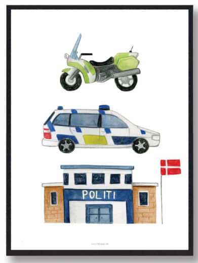 Hand-drawn 'Hospital' poster featuring a police motorcycle, car, station and Danish flag. Colorful art for a child's room.
