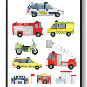 Politi, Ambulance og brandbil - håndtegnet plakat