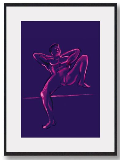 Afslappet mand plakat: A vibrant purple art print featuring a reclining man in a relaxed pose, a stylish croquis art piece.