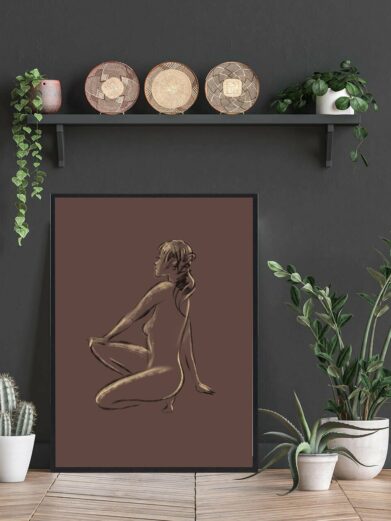 Overvejende plakat: A brown-toned art print featuring a female figure in a seated pose, minimalist style. Croquis art for modern homes.