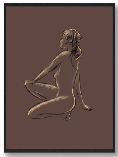 Overvejende plakat: Croquis art print of a seated nude woman in brown tones. Minimalist line drawing, framed.