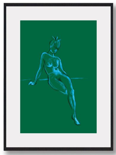 Grøn Croquis plakat: A framed art print featuring a blue sketch of a reclining female figure against a green background.
