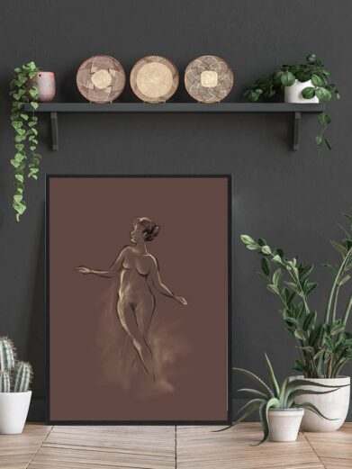 Kroppen plakat: A brown-toned art print featuring a nude female figure in a standing pose, displayed in a modern interior setting.