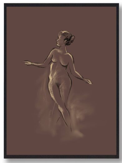 Kroppen plakat: Croquis art print of a nude woman in sepia tones. Minimalist body sketch style.