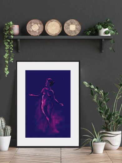 Madam Blue art print: Croquis-style nude figure with purple highlights on a dark blue background in a black frame.