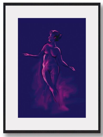 Madam Blue plakat: Croquis art print of a nude female figure in purple tones on a dark blue background framed in black.