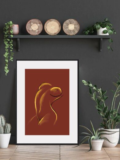 Body Croquis plakat: Golden, minimalist line art of a nude form on a rich red background, framed in black, leaning on the floor.