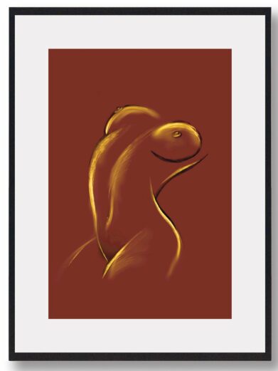 Body Croquis plakat: Golden abstract woman's form on terracotta background, framed. Modern art print for home decor.