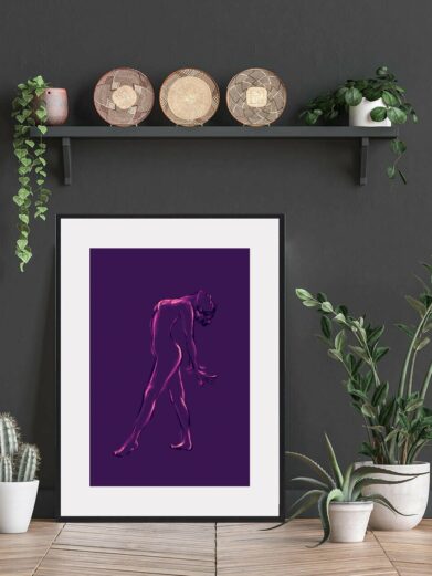 Lilla Croquis plakat: A modern art print featuring a pink figure drawing on a vibrant purple background.