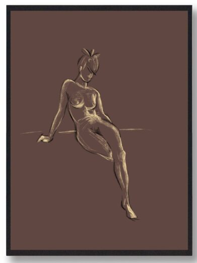Afslappet siddende kvinde plakat i brun toner. Kunstnerisk croquis tegning af kvinde der sidder afslappet. Elegant og minimalistisk.