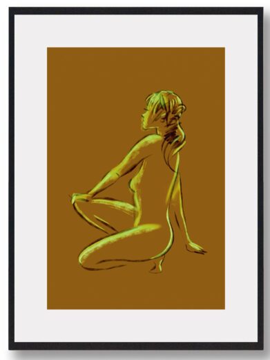 Gul croquis dame plakat: A framed art print featuring a yellow sketch of a nude woman kneeling against a gold background.