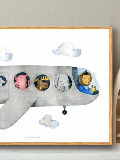 Hand-drawn 'Flyvemaskine' poster featuring a gray airplane with a lion pilot and animal passengers like zebra, moose, octopus, and elephant.