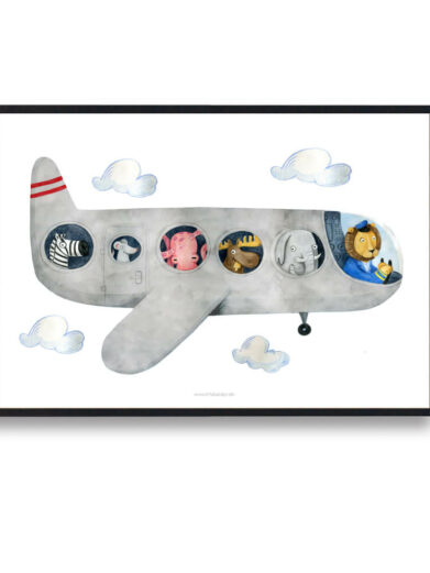 Flyvemaskine håndtegnet plakat: Watercolor illustration of a gray airplane with animal passengers (zebra, octopus, moose, elephant, lion).