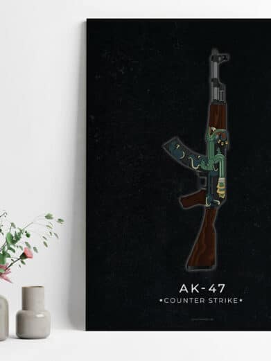 AK47 Counter-Strike gamer poster on black, featuring a stylized gun with green accents. A modern gaming art print.