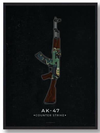 AK-47 CS:GO poster. Features a detailed illustration of the iconic rifle on a black background. Gamer plakater Counter-Strike.