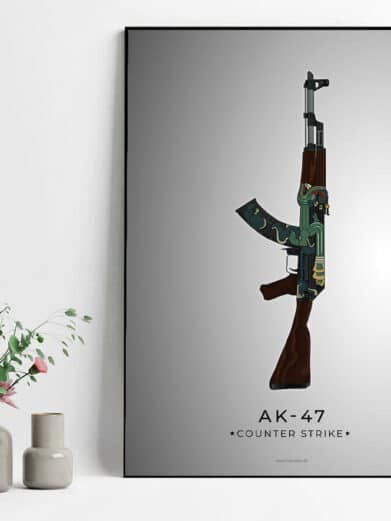 Framed AK47 Counter-Strike poster. Features a detailed illustration of the gun with a snake design on a gray background.