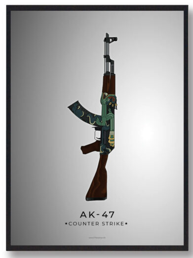 Framed AK47 Counter-Strike poster. Features a detailed, stylized illustration of the iconic weapon with green accents on a gray background.