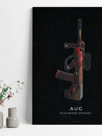 AUG CS:GO poster. Gamerplakat med rød og sort AUG våbenillustration på mørk baggrund. Perfekt til Counter-Strike fans.