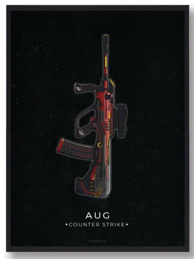 Poster of a Famas CS:GO weapon. Red, black, and gold details. Gamerplakater for Counter-Strike enthusiasts.