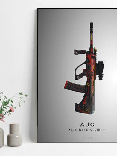 AUG CS:GO poster. Red and black rifle design on a gray background. Gamerplakater, Counter-Strike art print.