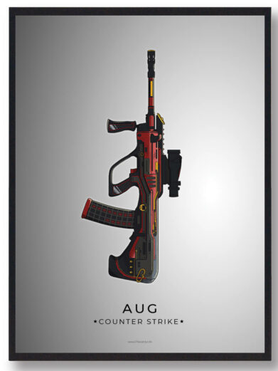 AUG Counter-Strike poster. Red and black gamer art print featuring the iconic AUG rifle. A must-have for CS:GO fans!