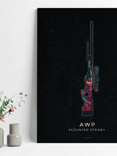 AWP Counter-Strike gamerplakat på sort baggrund. Våben med farverige designdetaljer. Perfekt til gamerværelset.