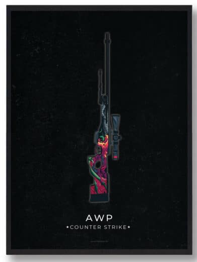 Mac 10 CS:GO gamer poster. Features a vertical AWP rifle art print with vibrant colors on a black background. Counter-Strike themed.