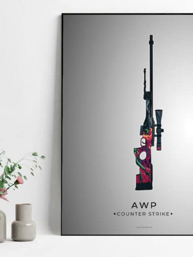 AWP Counter-Strike poster. Close-up of the detailed, colorful rifle design on a gray background, ideal for gamers.