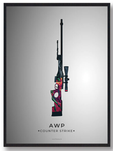A framed poster of a Counter-Strike AWP sniper rifle with a colorful floral design on the lower part of the gun.