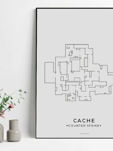 Framed Cache map poster for Counter-Strike gamers. Minimalist black line art on white background, perfect decor for gaming rooms.