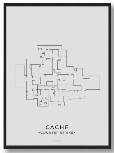 CS:GO Cache Map Poster. Minimalist black line art on a light gray background, framed in black. Gamer plakater, Counter-Strike.