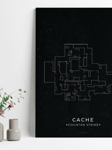CS:GO Cache map gamer poster on dark background. Minimalist line art style, perfect for Counter-Strike fans.
