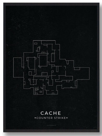 Cache map gamer poster. Minimalist white lines on black show the Counter-Strike map layout. Modern decor.