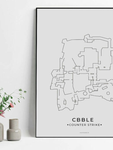 Cbble map - CS gamerplakater poster. Framed wall art featuring a minimalist black line drawing of the Counter-Strike map layout.