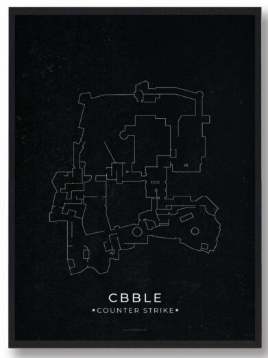 Framed 'CS Gamerplakater' print of the Cobblestone map. Minimalist white lines on a dark textured background. A Counter-Strike poster.
