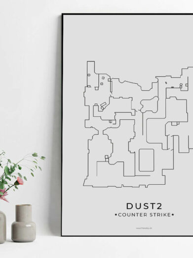 Dust2 map poster. Black lines on gray background in frame. Gamerplakater Counter-Strike art print.
