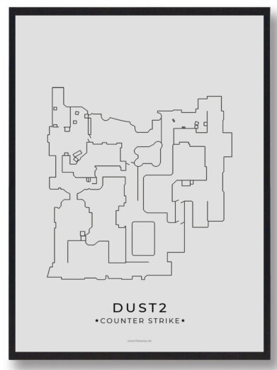 Framed Mirage map poster. Minimalist gamerplakater design features a black line drawing of the CS:GO map on a light gray background.