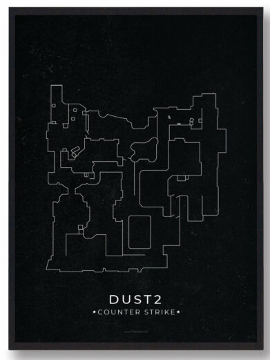 Dust2 map gamer poster. Minimalist Counter-Strike print in black and white. A stylish wall art for CS:GO enthusiasts.