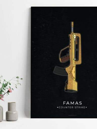 Stylish Famas CS:GO poster. Golden gun illustration on black. Gamer plakater for Counter-Strike fans.