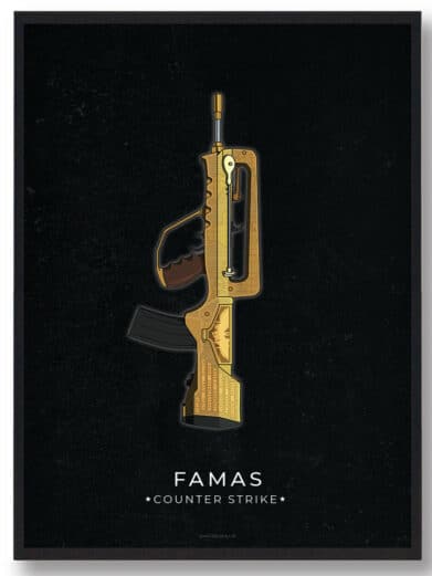 Famas CS gamerplakat. Detaljeret grafisk illustration af Famas våben på sort baggrund. Perfekt Counter-Strike plakat til gamer værelset.