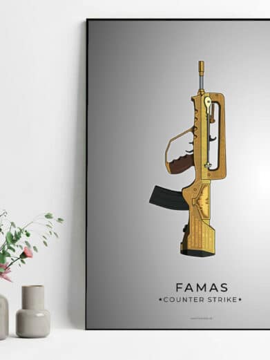 Framed FAMAS Counter-Strike poster. Gold gun illustration on gray. Gamer wall art for esports fans.