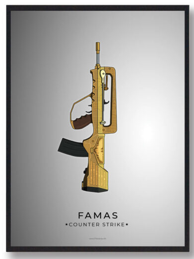Framed Famas Counter-Strike poster. Features a golden illustration of the iconic rifle on a gradient gray background. Gamer plakater.