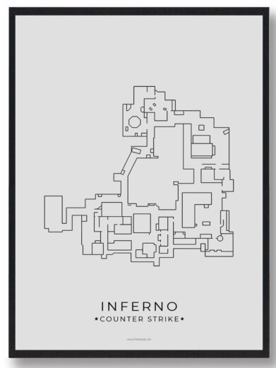Minimalist black and white Counter-Strike Inferno map poster in a black frame. Detailed layout for gaming enthusiasts. Gamerplakater.