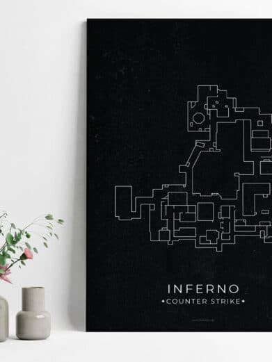 Counter-Strike Inferno Map Poster. Minimalist black background with white outline of the game map. Gamer room decor.