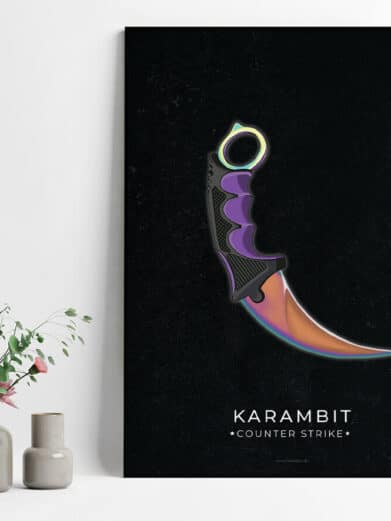 Karambit CS:GO gamer poster. Features a vibrant, rainbow-colored Karambit knife on a black background. Perfect gaming decor.
